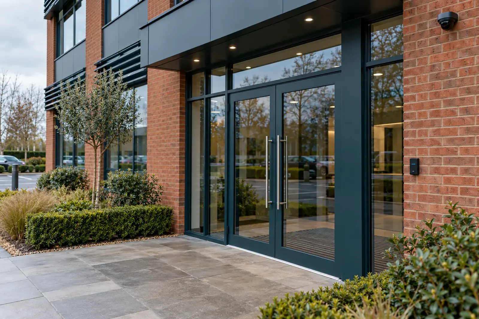 Access-controlled glass entrance to a red brick commercial building