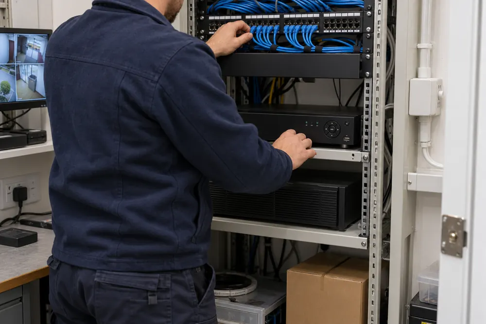A technician checking recording and network equipment in a commercial cupboard