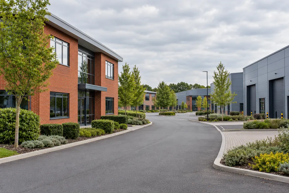 A Midlands business park with commercial units and landscaped access roads