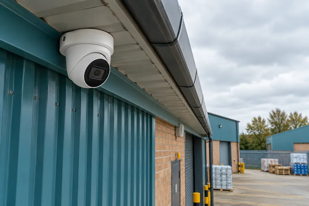 A turret CCTV camera mounted beneath a commercial warehouse roof